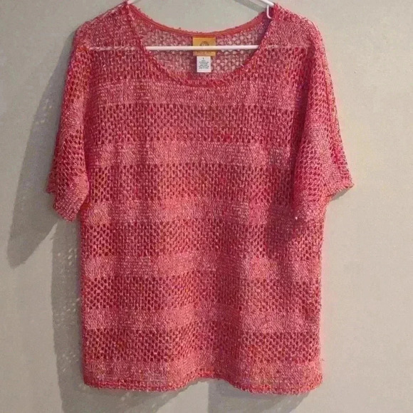 Ruby Rd. Glitter mesh knit short sleeve orange top size large - Picture 1 of 4